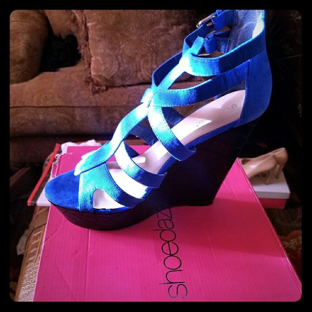 Suede black and blue wedges